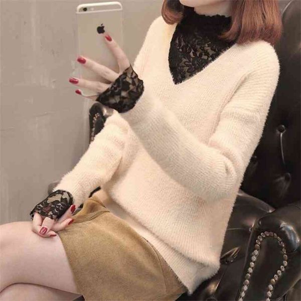 spring lace stitching velvet turtleneck sweater female loose temperament knit bottoming shirt women 210427, White;black
spring lace stitching velvet turtleneck sweater female loose temperament knit bottoming shirt women 210427, White;black