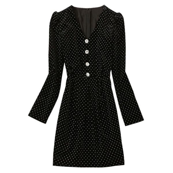 casual dresses white dots black velour dress v-neck long sleeves rhinestone buttons short big promotion sale, Black;gray
casual dresses white dots black velour dress v-neck long sleeves rhinestone buttons short big promotion sale, Black;gray