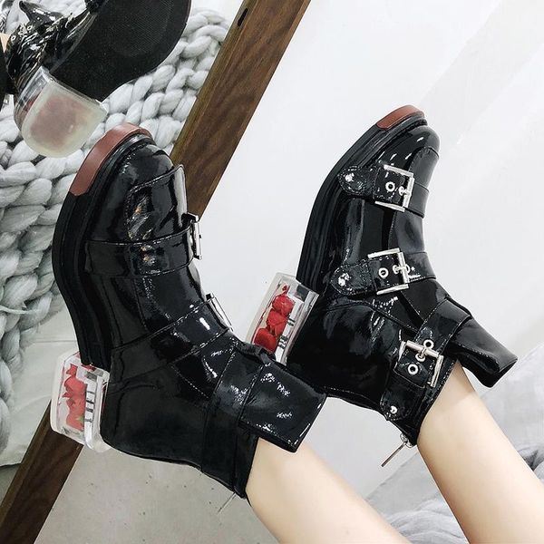boots size 4.5-10.5 women's patent leather ankle square toe buckles round motorcycle shoes transparent flower inside b275, Black
boots size 4.5-10.5 women's patent leather ankle square toe buckles round motorcycle shoes transparent flower inside b275, Black