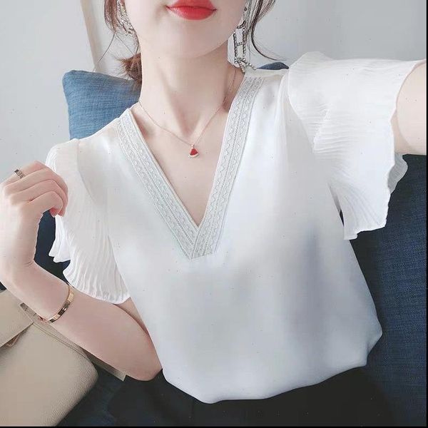 women shirt womens spring summer style chiffon blouses butterfly sleeve v neck solid color elegant casual loose dd8646, White
women shirt womens spring summer style chiffon blouses butterfly sleeve v neck solid color elegant casual loose dd8646, White