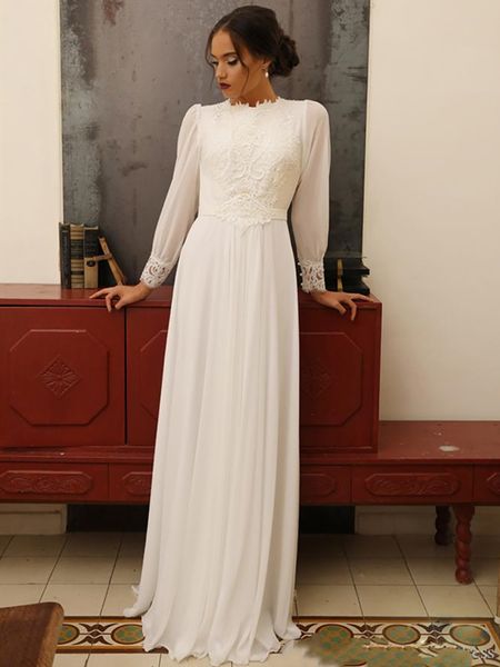 appliqued lace chiffon wedding dresses high neck long sleeve floor length sheath vintage design bridal gowns vestido de noiva, White
appliqued lace chiffon wedding dresses high neck long sleeve floor length sheath vintage design bridal gowns vestido de noiva, White