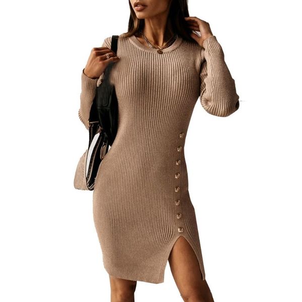 casual dresses women long sleeve o-neck ribbed knitted bodycon midi sweater dress solid color split hem side buttons clubwear, Black;gray
casual dresses women long sleeve o-neck ribbed knitted bodycon midi sweater dress solid color split hem side buttons clubwear, Black;gray