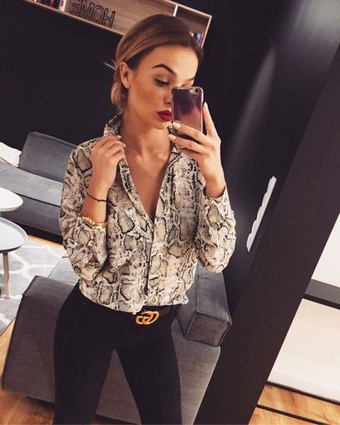 fashion snake skin leopard womens shirt print polyester elegant v neck loose long sleeve shirts casual streetwear, White 
fashion snake skin leopard womens shirt print polyester elegant v neck loose long sleeve shirts casual streetwear, White