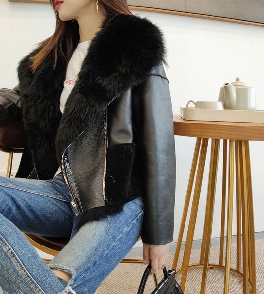 women's leather & faux natural wool fur lining genuine sheepskin long sleeves short moto biker style jacket, Black
women's leather & faux natural wool fur lining genuine sheepskin long sleeves short moto biker style jacket, Black