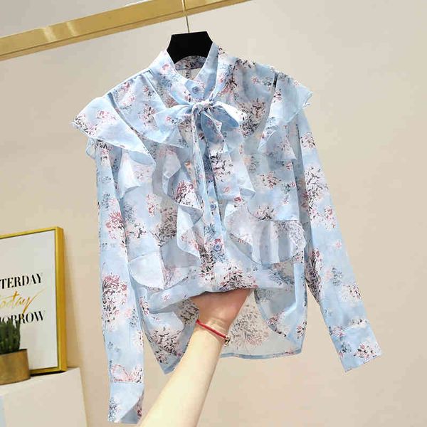 shirt ruffles bow collar women camisas mujer fashion floral light blue long sleeve chiffon, White
shirt ruffles bow collar women camisas mujer fashion floral light blue long sleeve chiffon, White