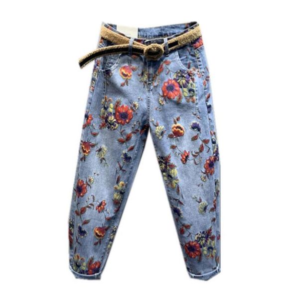 women's jeans flower woman 2021 spring high-waist loose-fit denim pants personality printed harem r100, Blue
women's jeans flower woman 2021 spring high-waist loose-fit denim pants personality printed harem r100, Blue
