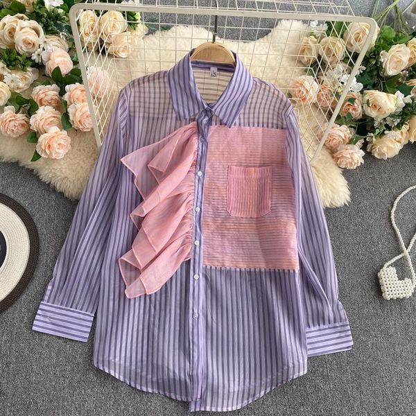 women's blouses & shirts fashion pleated contrast color ruffle long sleeve shirt striped elegant clothing blouse blusas de mujer q611, White
women's blouses & shirts fashion pleated contrast color ruffle long sleeve shirt striped elegant clothing blouse blusas de mujer q611, White