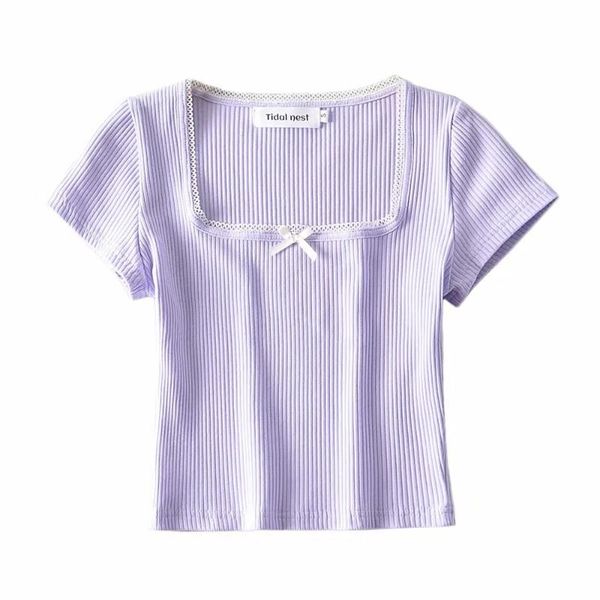 women's t-shirt square neck lace trim short sleeve elegant bow solid knit rib slim fit crop top, White
women's t-shirt square neck lace trim short sleeve elegant bow solid knit rib slim fit crop top, White