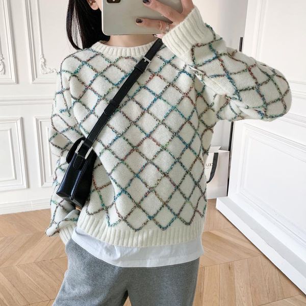 women sweater 2021 women's round neck knitted diamond pattern decorative hedging white base shirt loose sweaters, White;black
women sweater 2021 women's round neck knitted diamond pattern decorative hedging white base shirt loose sweaters, White;black