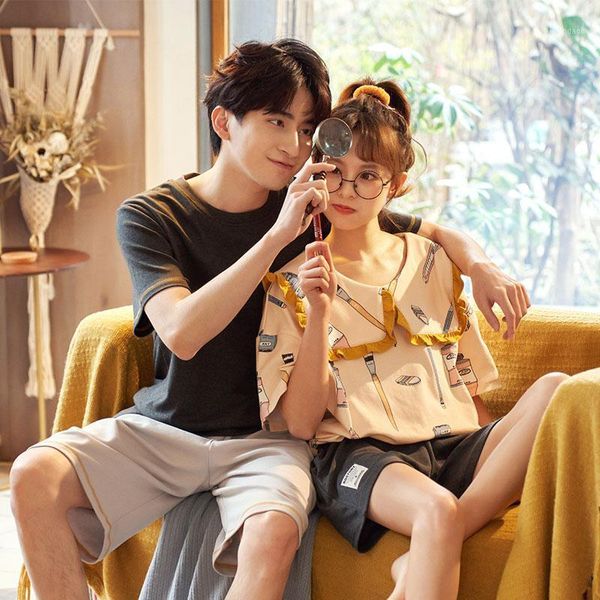 men's sleepwear couple cotton pajamas women's summer thin short sleeve sweet girl loose homewear suit, Black;brown
men's sleepwear couple cotton pajamas women's summer thin short sleeve sweet girl loose homewear suit, Black;brown