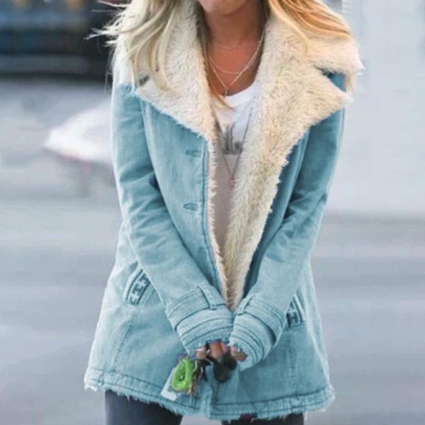 women long sleeve faux denim jacket lapel button down thicken plush lined coat, Black;brown
women long sleeve faux denim jacket lapel button down thicken plush lined coat, Black;brown