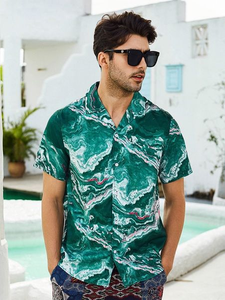 men random marble print curved hem shirt s2ib#, White;black