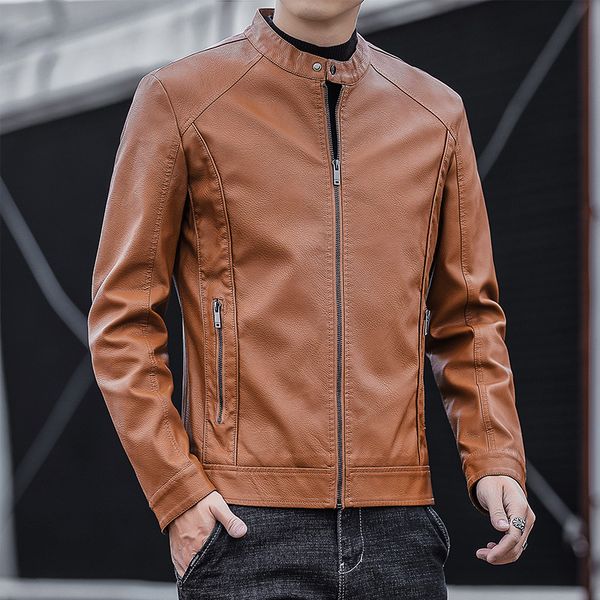 earthy yellow zipper stitching motorcycle wind men's leather jacket high-quality stand-up collar retro comfortable windproof fashion tr, Black 
earthy yellow zipper stitching motorcycle wind men's leather jacket high-quality stand-up collar retro comfortable windproof fashion tr, Black