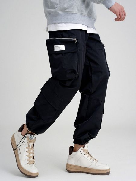 men patch detail drawstring cargo pants 16uz#, Black