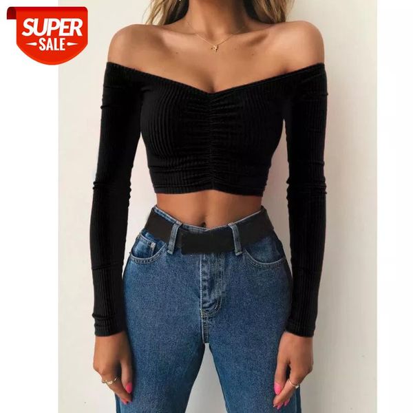 women t-shirt off shoulder long sleeve pullover ladies casual slim solid bare belly fashion female slash neck crop #l87j, White
women t-shirt off shoulder long sleeve pullover ladies casual slim solid bare belly fashion female slash neck crop #l87j, White