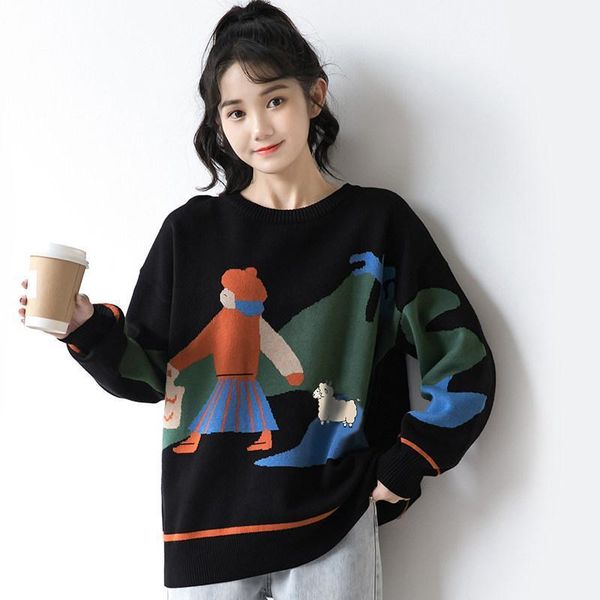 women's sweaters woman sweater 2021 spring winter women clothes cute cartoon pattern loose long sleeve pullover, White;black
women's sweaters woman sweater 2021 spring winter women clothes cute cartoon pattern loose long sleeve pullover, White;black