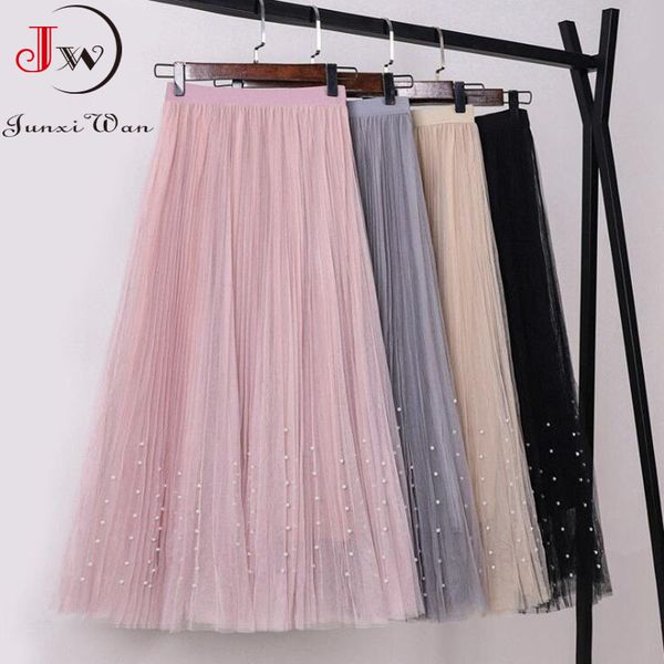 women summer sweet beaded mesh pleated long skirt spring elastic waist solid elegant office ladies fairy saias 210510, Black
women summer sweet beaded mesh pleated long skirt spring elastic waist solid elegant office ladies fairy saias 210510, Black