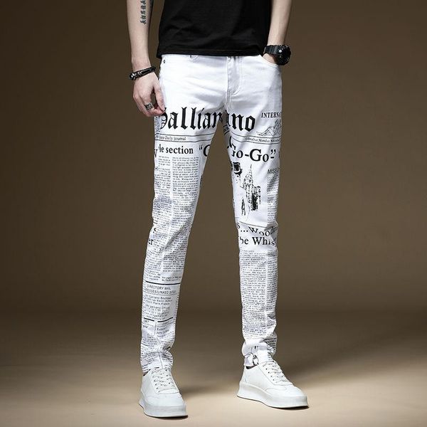 printed men's jeans korean slim stretch thin pants inkjet, Blue