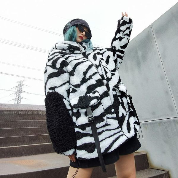 women's fur & faux jacket women zebra pattern leopard thicken cotton liner hooded oversize fluffy ins outerwear ladies coat street warm, Black
women's fur & faux jacket women zebra pattern leopard thicken cotton liner hooded oversize fluffy ins outerwear ladies coat street warm, Black