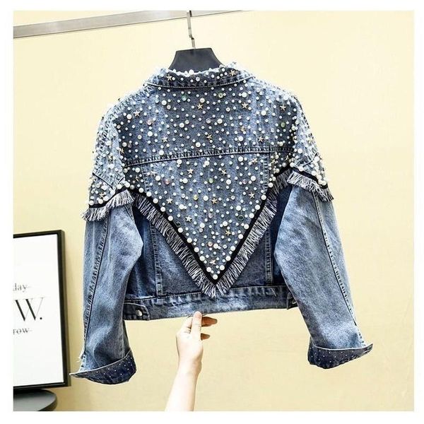 women's jackets tassel beading denim women autumn 2021 turn-down collar long-sleeved pocket casual all match female outwear, Black;brown
women's jackets tassel beading denim women autumn 2021 turn-down collar long-sleeved pocket casual all match female outwear, Black;brown