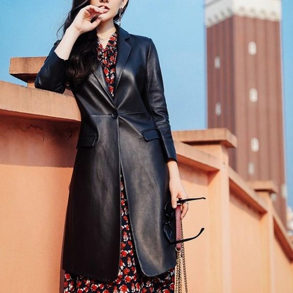 women's leather & faux women ol'real style jacket single button suit collar lambskin coat thin fashion three quarters outerwear ma, Black
women's leather & faux women ol'real style jacket single button suit collar lambskin coat thin fashion three quarters outerwear ma, Black
