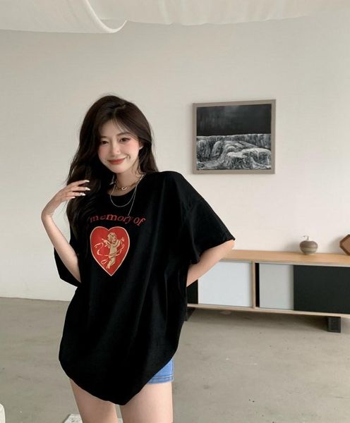 women's t-shirt ytx1019 summer 2021 loose chic mid-length short-sleeved retro love printed cotton women, White
women's t-shirt ytx1019 summer 2021 loose chic mid-length short-sleeved retro love printed cotton women, White