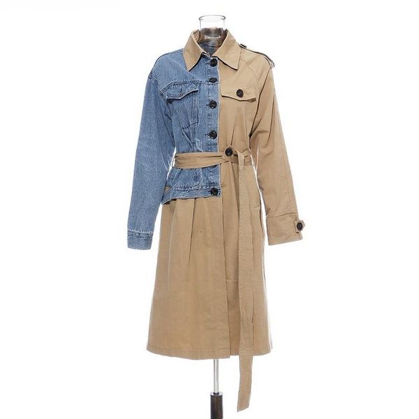 women's trench coats denim hit color patchwork long sleeve high waist lace up female coat fashion jakcet, Tan;black
women's trench coats denim hit color patchwork long sleeve high waist lace up female coat fashion jakcet, Tan;black