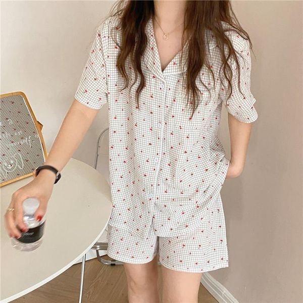 cute cotton cherry plaid womens sleepwears pajamas set home clothes 2 piece short sleeve sleepwear shorts pijamas summer homewear y394, Black;red
cute cotton cherry plaid womens sleepwears pajamas set home clothes 2 piece short sleeve sleepwear shorts pijamas summer homewear y394, Black;red