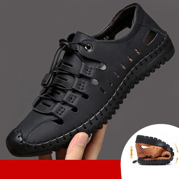 slippers men's sandals new summer wear soft sole leather toe cap hole shoes cowhide casual hollow 126x, Black
slippers men's sandals new summer wear soft sole leather toe cap hole shoes cowhide casual hollow 126x, Black