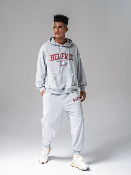 men letter graphic drawstring hoodie & sweatpants h5kf#, Gray