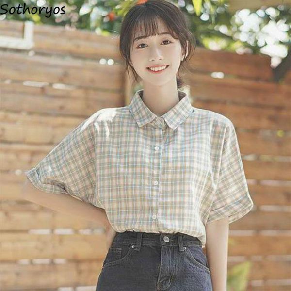 women's blouses & shirts women plaid short sleeve turn-down collar button school sweet girls trendy casual simple loose korean style so, White
women's blouses & shirts women plaid short sleeve turn-down collar button school sweet girls trendy casual simple loose korean style so, White