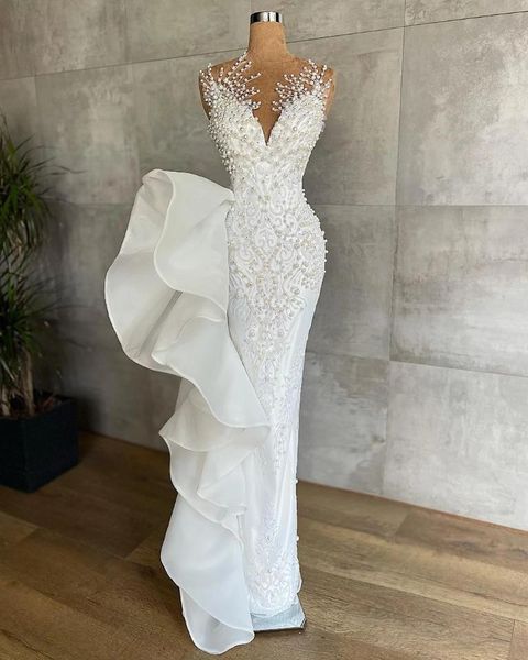 other wedding dresses luxury pearls mermaid lace beading sheer jewel neck modest bridal dress floor length vestido de noiva, White
other wedding dresses luxury pearls mermaid lace beading sheer jewel neck modest bridal dress floor length vestido de noiva, White