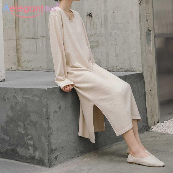 aelegantmis vintage v neck long knitted dress women split oversized solid soft casual sweaters dresses vestidos 4 colors korean 210607, Black;gray
aelegantmis vintage v neck long knitted dress women split oversized solid soft casual sweaters dresses vestidos 4 colors korean 210607, Black;gray