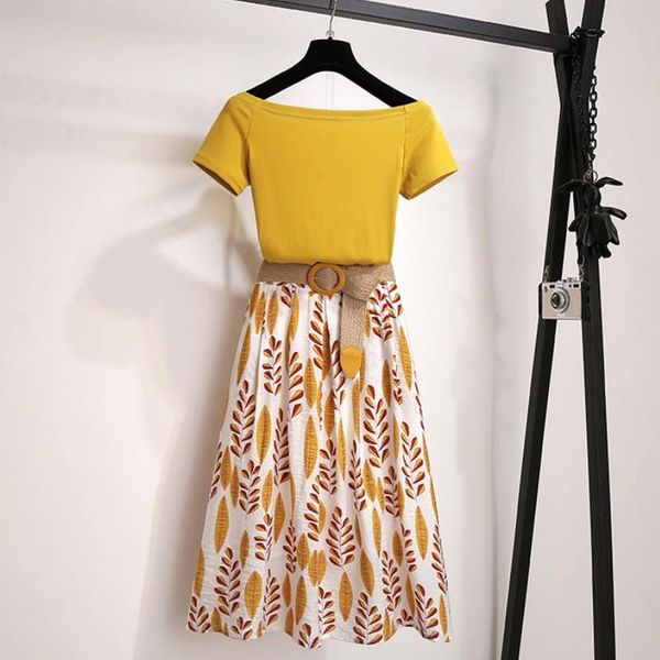 women summer t shirt 2 piece set off shoulder basic tees+high waist leaf print skirt sets fashion suit with braided belt two dress, White
women summer t shirt 2 piece set off shoulder basic tees+high waist leaf print skirt sets fashion suit with braided belt two dress, White