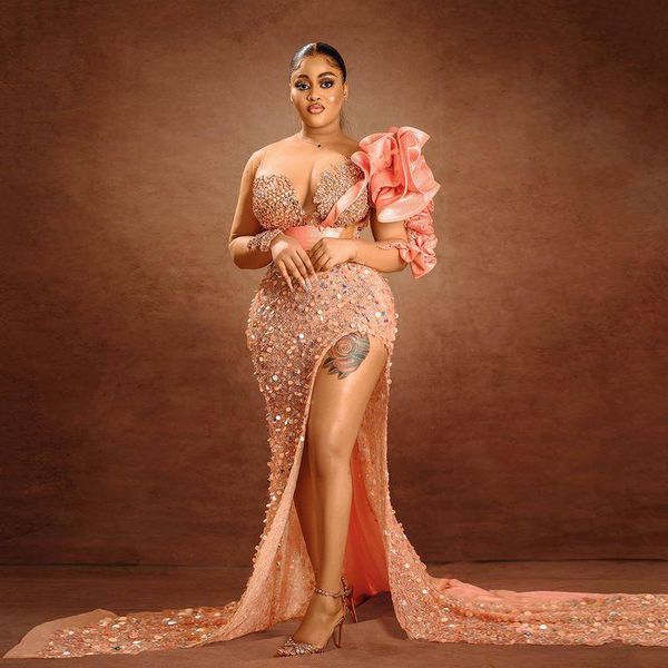 arabic aso ebi evening dress sequin mermaid prom gowns sheer neck long sleeve side split party second reception dresses, Black;red
arabic aso ebi evening dress sequin mermaid prom gowns sheer neck long sleeve side split party second reception dresses, Black;red