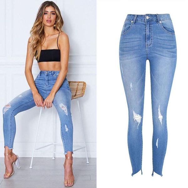 women's jeans spring clothing high waist slim fit stretch light blue wash ripped frayed irregular feet denim trousers mujer
women's jeans spring clothing high waist slim fit stretch light blue wash ripped frayed irregular feet denim trousers mujer