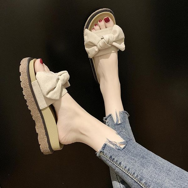 bow summer wear fashion wild thick bottom beach slippers women, Black 
bow summer wear fashion wild thick bottom beach slippers women, Black