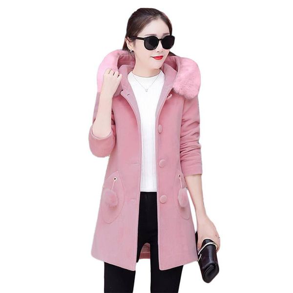 women's wool & blends woolen coat women 2021 winter korean fashion slim thick fur collar hooded jacket pink long sleeve blend feminina, Black
women's wool & blends woolen coat women 2021 winter korean fashion slim thick fur collar hooded jacket pink long sleeve blend feminina, Black