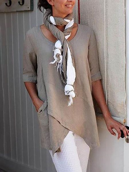 new women's wear, one button slant pocket irregular hem round neck linen medium sleeve t-shirt, White
new women's wear, one button slant pocket irregular hem round neck linen medium sleeve t-shirt, White