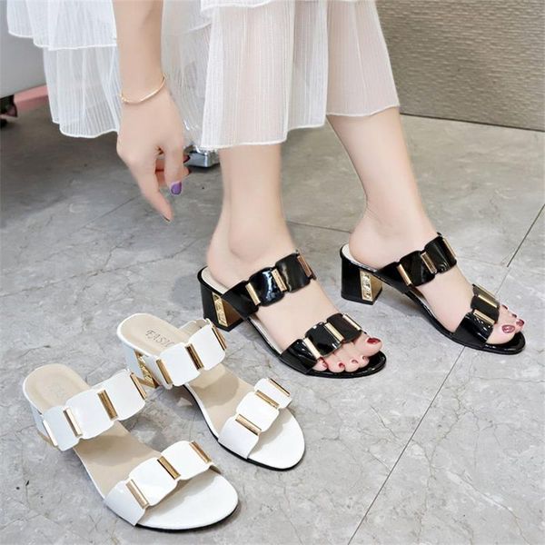 summer one-shaped mid-heel metal decoration european and american thick heel ladies slippers, Black
summer one-shaped mid-heel metal decoration european and american thick heel ladies slippers, Black
