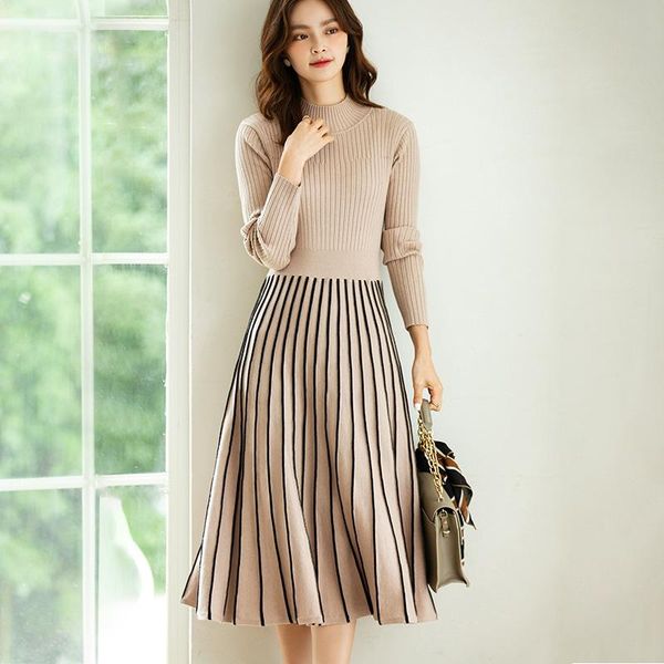 casual dresses french sweater dress for fall/winter style half high neck mid-length pleated stripe contrast color inner knit, Black;gray
casual dresses french sweater dress for fall/winter style half high neck mid-length pleated stripe contrast color inner knit, Black;gray