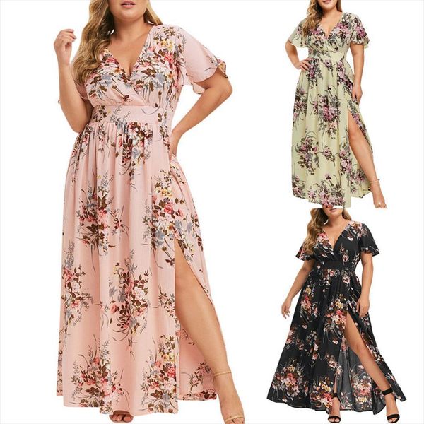 plus size v neck summer women dress short sleeve oversize boho floral print split vestidos, Black;gray
plus size v neck summer women dress short sleeve oversize boho floral print split vestidos, Black;gray