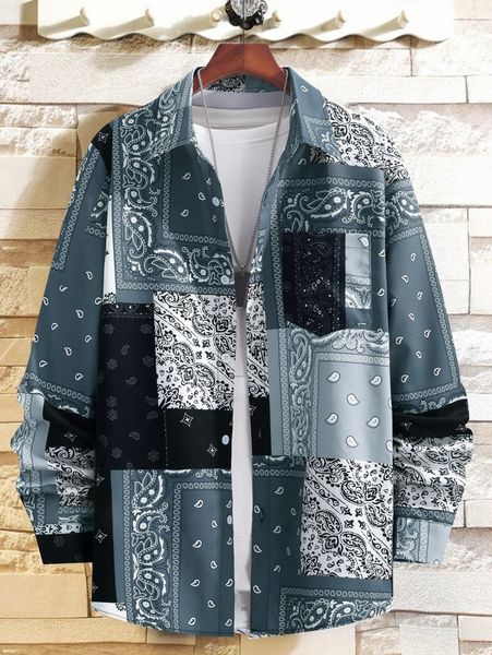 men paisley and scarf print patchwork pocket front shirt without tee 57hx#, White;black
men paisley and scarf print patchwork pocket front shirt without tee 57hx#, White;black