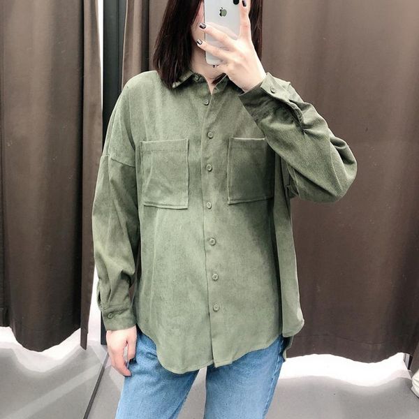 women's blouses & shirts autumn 2021 lapel retro loose large pockets long sleeves decorated corduroy solid color wild shirt women, White 
women's blouses & shirts autumn 2021 lapel retro loose large pockets long sleeves decorated corduroy solid color wild shirt women, White