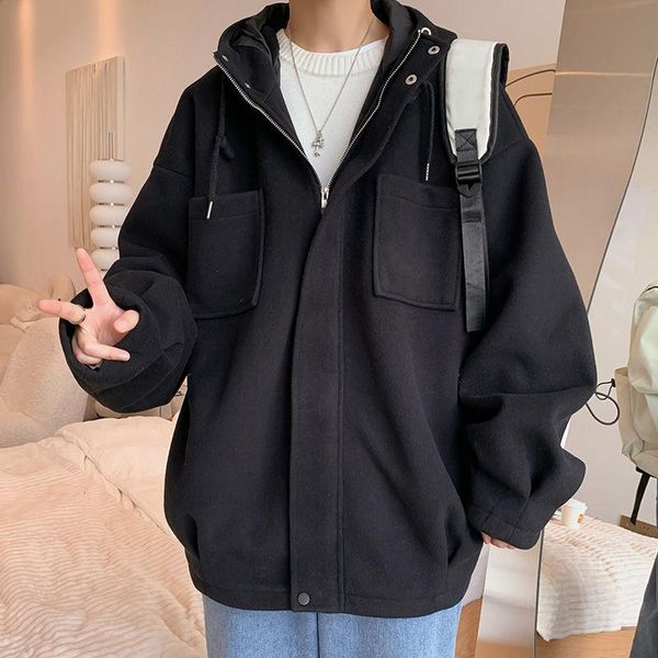 men's wool & blends korean lapel woolen hooded jacket loose short coat 2021 autumn winter thickening fashion casual clothes for male, Black
men's wool & blends korean lapel woolen hooded jacket loose short coat 2021 autumn winter thickening fashion casual clothes for male, Black