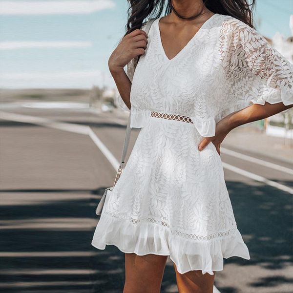 summer v neck white lace womens dress flare sleeve ruffles mini female a line short party vestidos, Black;gray
summer v neck white lace womens dress flare sleeve ruffles mini female a line short party vestidos, Black;gray