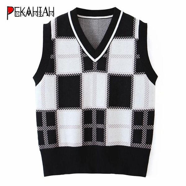 women's vests vintage v-neck plaid knitted sweater women fashion slim warm office elegant pullover lady casual loose chic 2021, Black;white
women's vests vintage v-neck plaid knitted sweater women fashion slim warm office elegant pullover lady casual loose chic 2021, Black;white