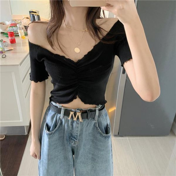 women's t-shirt 2021 summer slash neck short sleeve tees folds women clothing solid slim t shirts korean fashion brand crop off shoulde, White
women's t-shirt 2021 summer slash neck short sleeve tees folds women clothing solid slim t shirts korean fashion brand crop off shoulde, White