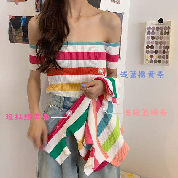 3 colors 2021 summer rainbow stripe short sleeve slim knitted t shirts womens tee shirt femme off shoulder (c1185), White
3 colors 2021 summer rainbow stripe short sleeve slim knitted t shirts womens tee shirt femme off shoulder (c1185), White