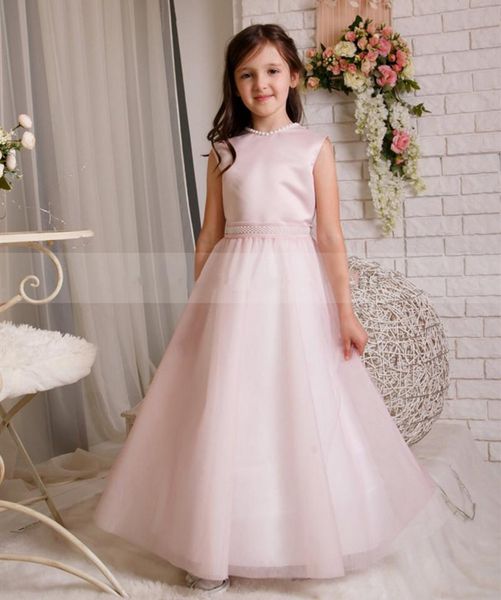 girl's dresses pearls neck blush pink satin tulle ankle length flower girl dress for wedding children birthday gown pageant, Red;yellow